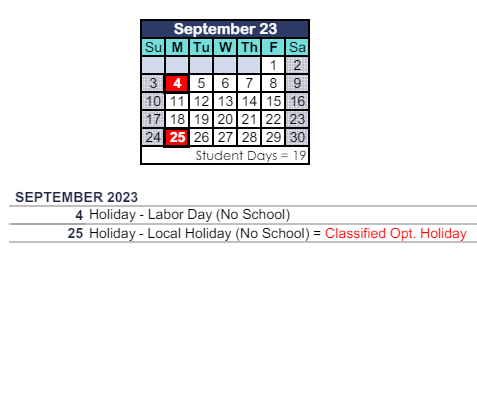 District School Academic Calendar for Glenwood Elementary for September 2023