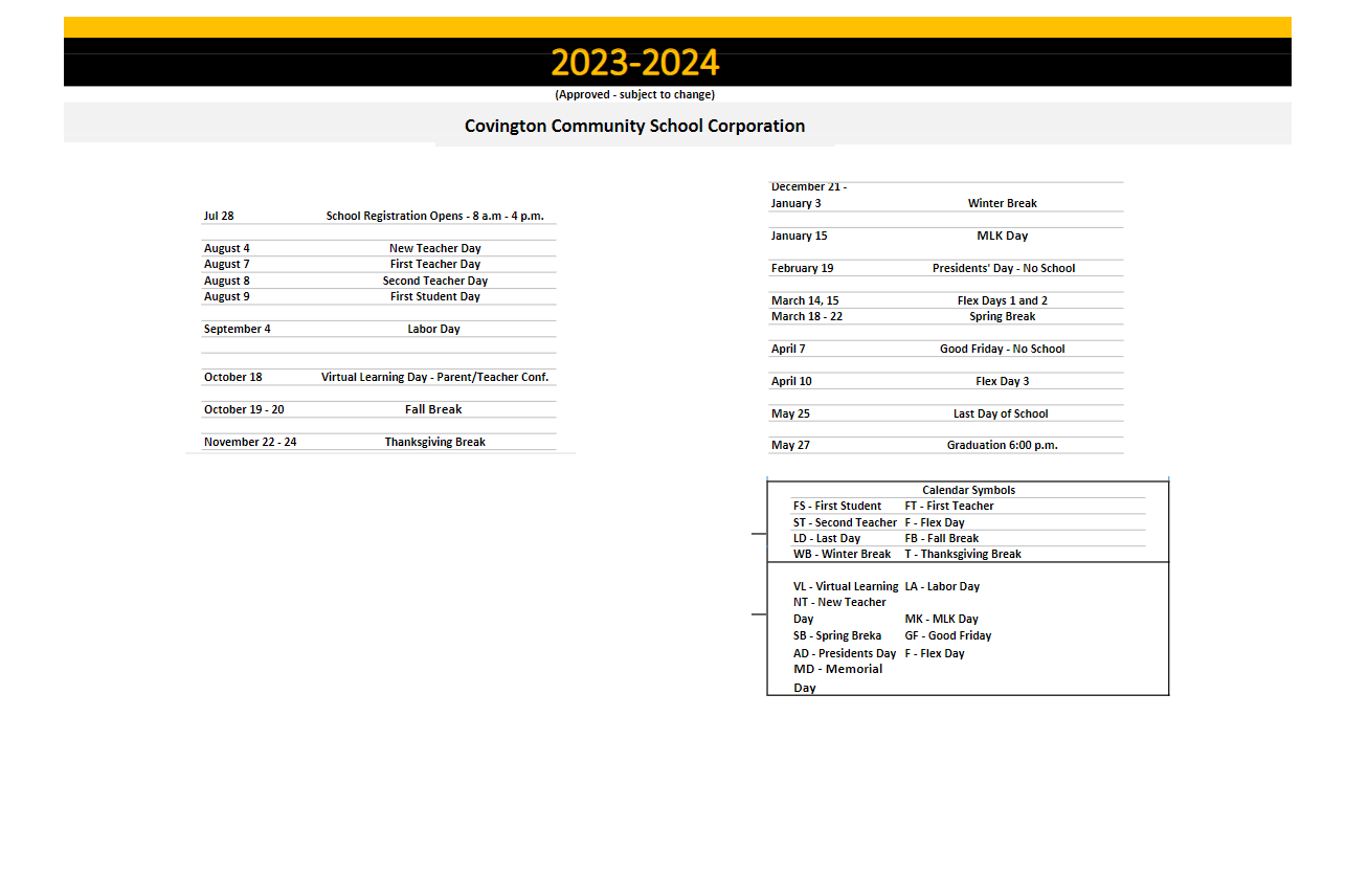 District School Academic Calendar Key for Covington Elementary School