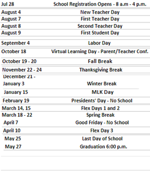 District School Academic Calendar Legend for Covington Elementary School