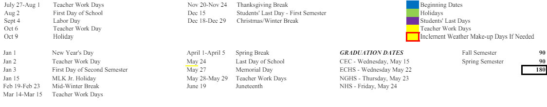 District School Academic Calendar Key for Maggie Brown School