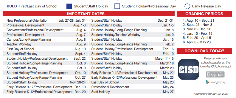 District School Academic Calendar Key for Sue Crouch Intermediate School