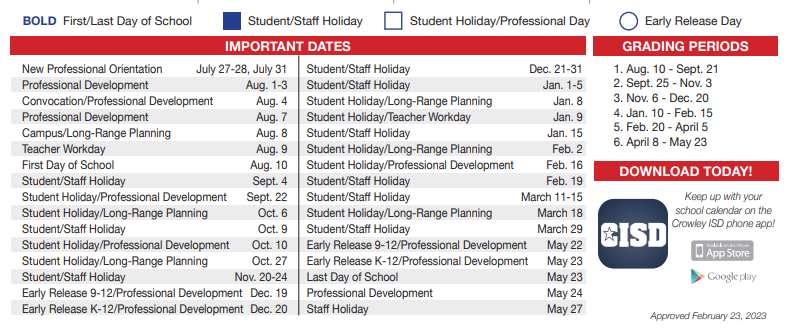 District School Academic Calendar Key for North Crowley High School