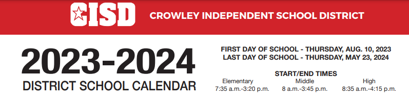 District School Academic Calendar for Tarrant Co J J A E P