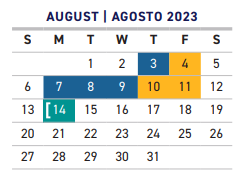 District School Academic Calendar for T G Terry Elementary School for August 2023