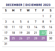 District School Academic Calendar for Hospital/home-bound for December 2023