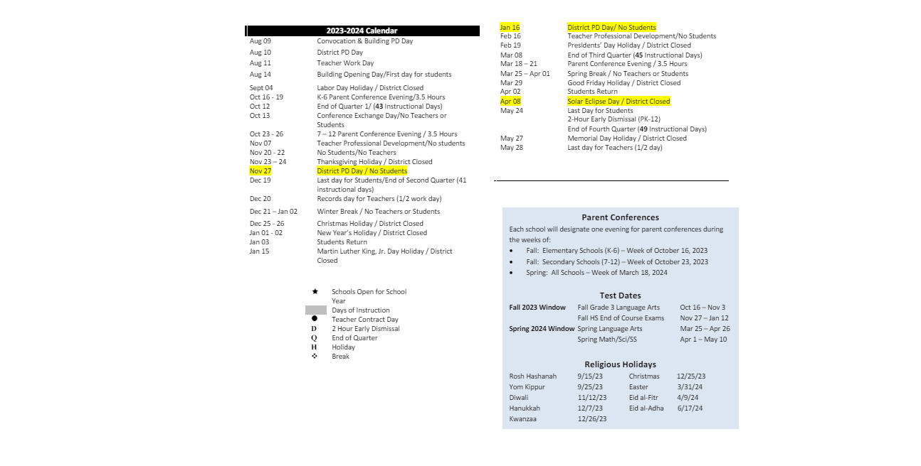 District School Academic Calendar Key for Van Cleve @ Mcguffey Elementary School