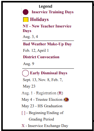 District School Academic Calendar Legend for Bonnette Jr High