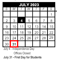 District School Academic Calendar for Technology Assisted Project Based Instruction Prog for July 2023
