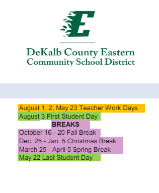 District School Academic Calendar Legend for Northeast In Spec Ed Coop