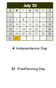 District School Academic Calendar for Academy Of Lithonia Charter School for July 2023