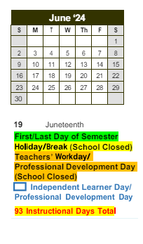 District School Academic Calendar for Hightower Elementary School for June 2024