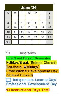 District School Academic Calendar for Dekalb Vocational School for June 2024