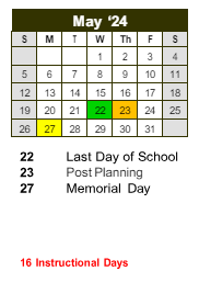 District School Academic Calendar for Jolly Elementary School for May 2024