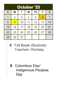 District School Academic Calendar for Fernbank Elementary School for October 2023