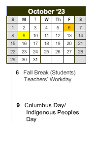 District School Academic Calendar for Peachtree Charter Middle Replacement School for October 2023