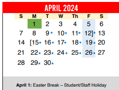 District School Academic Calendar for Travis Co J J A E P for April 2024