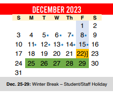 District School Academic Calendar for Del Valle Opportunity Ctr for December 2023