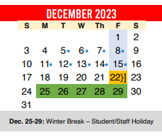 District School Academic Calendar for Del Valle Junior High for December 2023