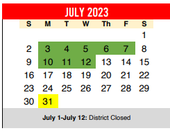 District School Academic Calendar for Hillcrest Elementary School for July 2023
