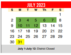 District School Academic Calendar for Travis Co J J A E P for July 2023