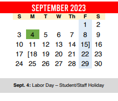 District School Academic Calendar for Del Valle Elementary School for September 2023