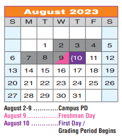 District School Academic Calendar for Denton Co J J A E P for August 2023