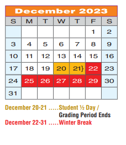 District School Academic Calendar for Regional Day Sch Deaf for December 2023