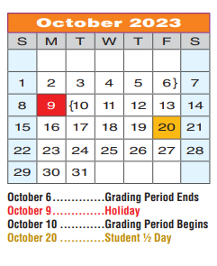 District School Academic Calendar for Denton Co J J A E P for October 2023