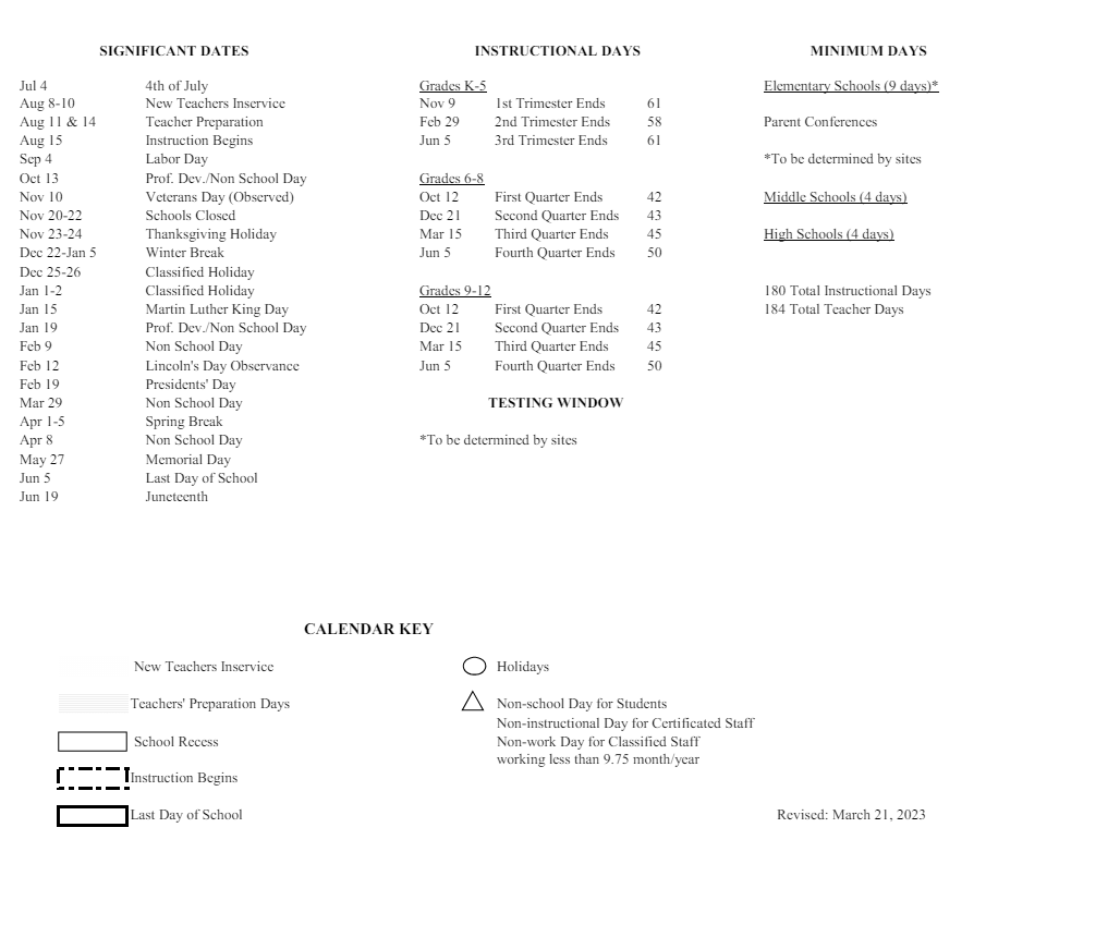 District School Academic Calendar Key for Indio High