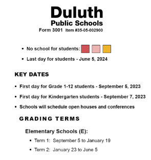 District School Academic Calendar Legend for Duluth Online Program