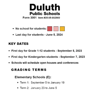 District School Academic Calendar Legend for Early Childhood Special Education