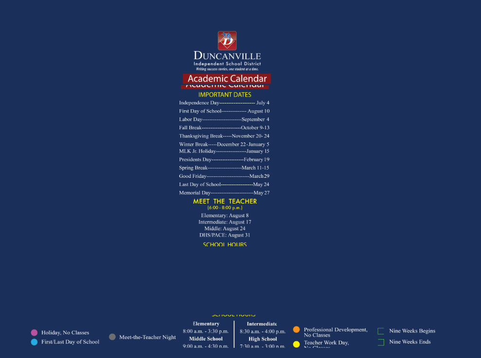 District School Academic Calendar Key for Central Elementary