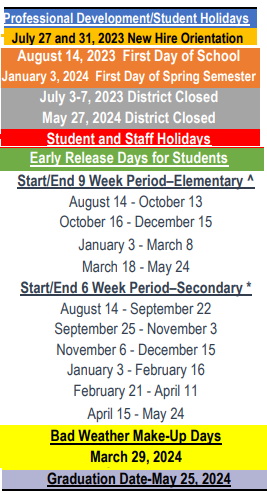 District School Academic Calendar Legend for Highland Middle