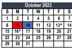 District School Academic Calendar for Tarrant Co J J A E P for October 2023