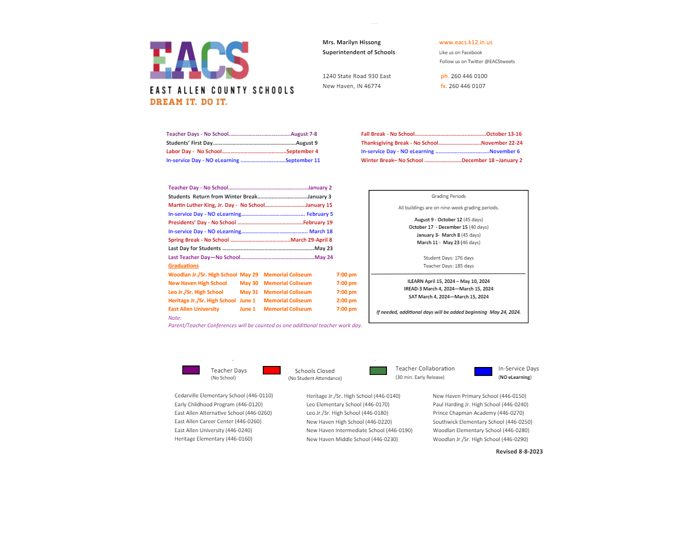 District School Academic Calendar Key for Prince Chapman Academy