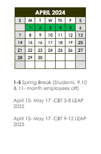 District School Academic Calendar for Delmont Elementary School for April 2024