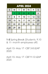 District School Academic Calendar for Baton Rouge Marine Institute INC. for April 2024