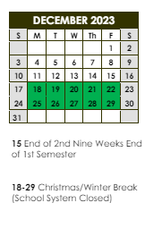 District School Academic Calendar for Villa Del Rey Elementary School for December 2023