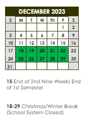 District School Academic Calendar for Park Forest Middle School for December 2023