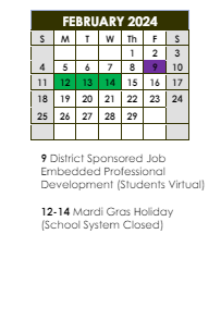 District School Academic Calendar for Baton Rouge High School for February 2024