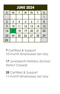 District School Academic Calendar for Labelle Aire Elementary School for June 2024