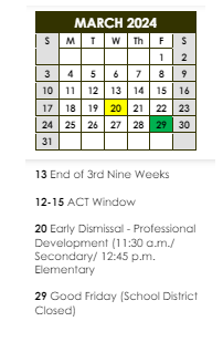 District School Academic Calendar for Baton Rouge Marine Institute INC. for March 2024