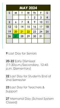 District School Academic Calendar for Brookstown Elementary School for May 2024