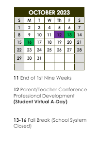 District School Academic Calendar for Sharon Hills Elementary School for October 2023