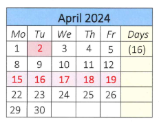 District School Academic Calendar for Emma G. Whiteknact School for April 2024