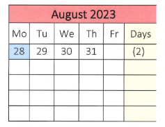 District School Academic Calendar for Emma G. Whiteknact School for August 2023