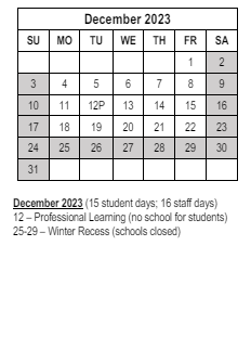 District School Academic Calendar for Hillcrest Elementary School for December 2023