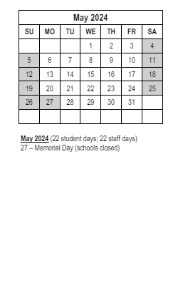 District School Academic Calendar for Hillcrest Elementary School for May 2024