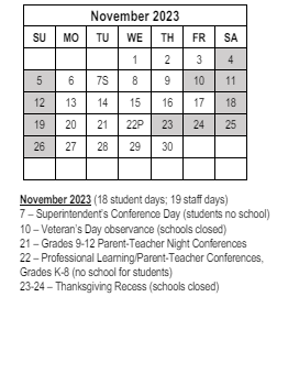 District School Academic Calendar for Hillcrest Elementary School for November 2023