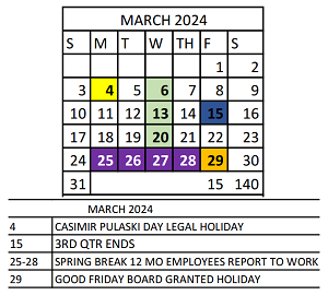 District School Academic Calendar for Vivian Adams Early Child Ctr for March 2024